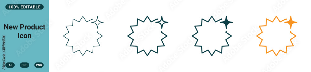 Fototapeta premium New product icon set featuring a starburst shape with a sparkle symbol in various line weights and colors for marketing and ecommerce design