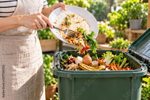 Compost, food waste, bin, garden, woman adding kitchen scrap for sustainable recycling