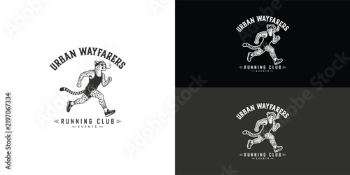 Foto A vintage-style run club logo featuring a running cheetah mascot wearing sunglasses and a singlet with the arched text 'URBAN WAYFARERS'
