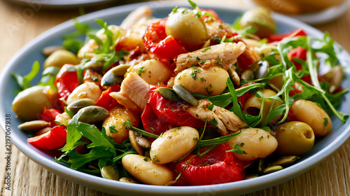 An appetizing salad with tuna, arugula, olives, sun‑dried tomatoes, potatoes, and pumpkin seeds.