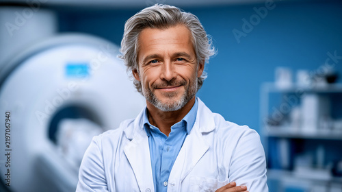 A smiling, mature doctor in a white coat is standing in a modern medical laboratory.