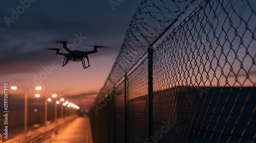 An unmanned drone is flying over a fence with barbed wire against the backdrop of an evening sky, streetlights, and the setting sun.