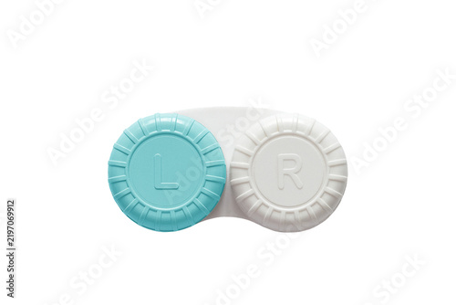 Contact lens case with L and R labels, light blue and white lids, eye lens storage container isolated on transparent background, PNG, optical care accessory, medical hygiene product, portable