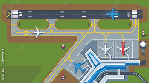 Aerial airport terminal vector illustration with runway and airplanes. Top view of commercial airport infrastructure with planes at gates and taxiway. Modern aviation hub map flat design.