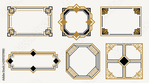 Art Deco frames collection with 6 gold and black geometric borders, vintage luxury decorative frame set for wedding invitations, elegant Gatsby style vector ornaments for premium branding