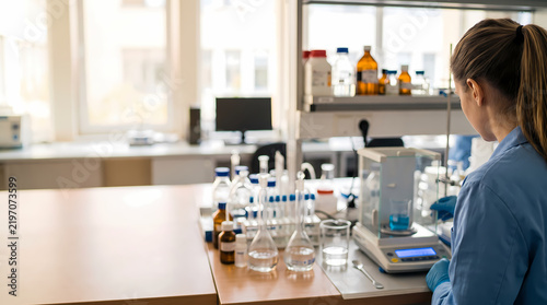 Female Scientist Working with Precision Scales and Glassware in a Modern Professional Chemistry Research Laboratory