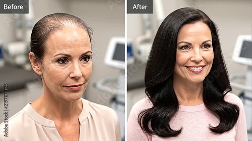 Before and after comparison showing visible hair growth and increased hair density after treatment, illustrating improvement in thinning hair and successful hair restoration results.