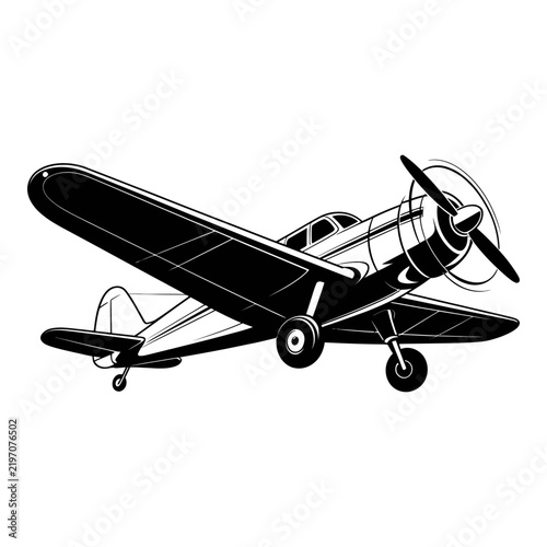 Vintage biplane aircraft with detailed wings black and white silhouette