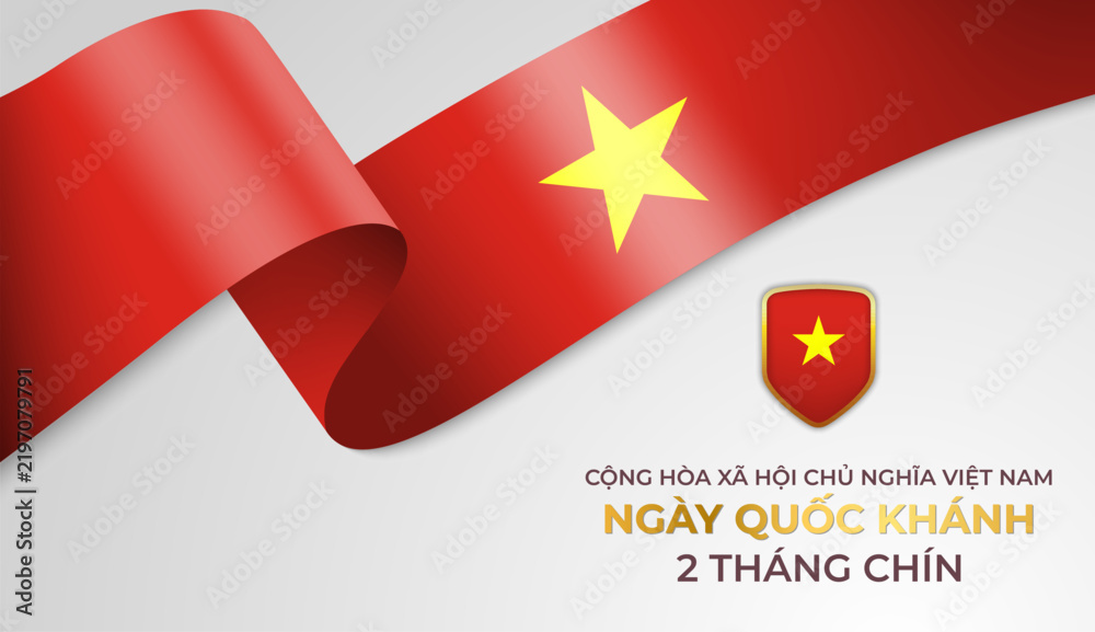 Obraz premium Vietnam National Day September 2 banner template with waving ribbon, shield and typography. Vector illustration
