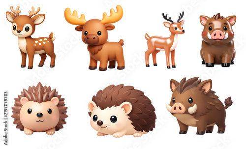 Sticker sheet featuring forest animals on a transparent background, 3D rendering, collection. (Moose, deer, wild boar, hedgehog)