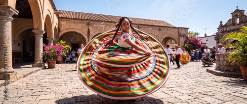 Vibrant hispanic woman dancing folkloric dance wearing colorful traditional dress outdoors