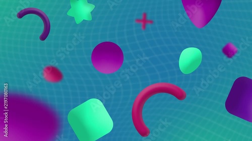 Colorful 3D Geometric Shapes on Blue Grid Background Animation