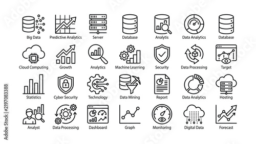 Set of data analytics and technology line icons on a white background