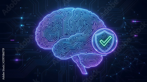 Digital human brain with security shield and green checkmark icon