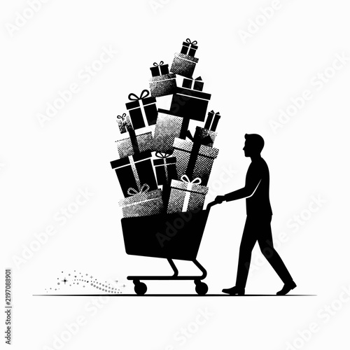 Man Walking with Shopping Trolley Packed High with Gift Boxes 