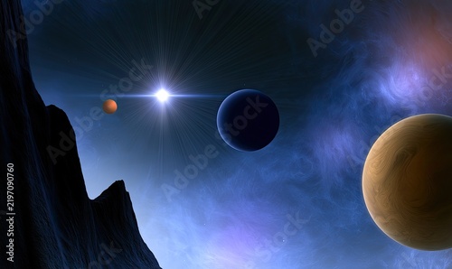 Radiant star illuminates alien worlds and nebula in cosmic expanse