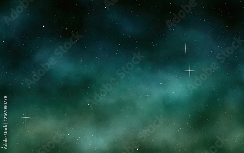 Deep space nebula with distant stars and cosmic dust swirls in vibrant green