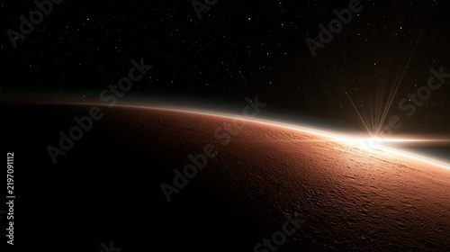 Alien sunrise over a dusty planet horizon, stars twinkle above
