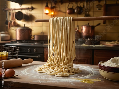 Fresh Homemade Spaghetti Noodles Hanging Wooden Rack Kitchen Image