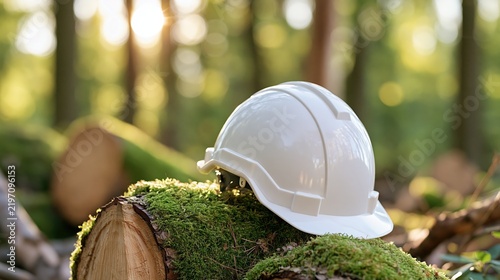 A protective helmet rests on a mosscovered log in a sunlit forest.