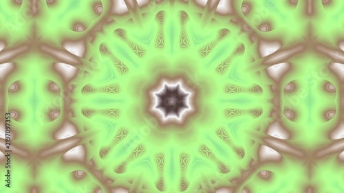 Abstract kaleidoscopic pattern with soft green and brown circular shapes.