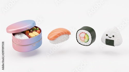 Pastel bento box with salmon nigiri maki roll and onigiri rice ball on white background