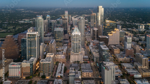 Aerial daytime view of downtown Austin skyline surrounded by city neighborhoods, Texas