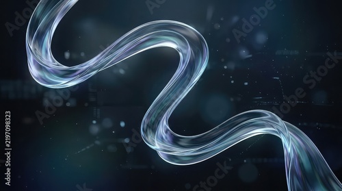 Glass ribbon wave graphic. Translucent undulating fluid form with glowing highlights. Dark futuristic background with subtle digital code elements. Abstract design concept for modern tech