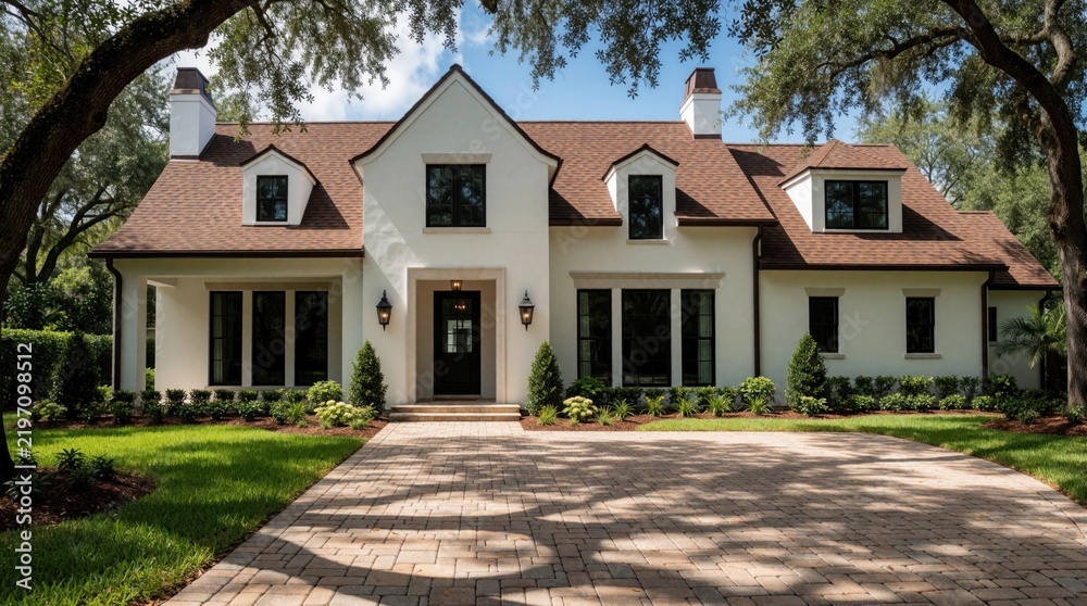 Obraz premium Large white Spanish colonial style house with brown roof, black windows in Florida. Luxury residential estate features paver driveway, green lawn. Massive oak trees provide shade over beautiful