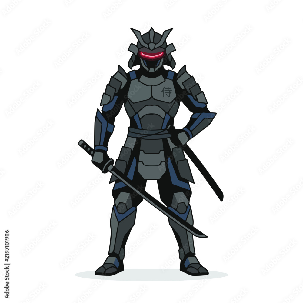 Fototapeta premium Cybernetic samurai warrior in heavy armor holding a katana sword