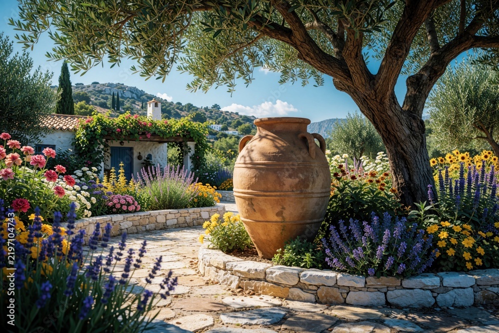 Obraz premium Large clay amphora pot sits in sunny Greek garden under olive tree shade. Colorful flowers, lavender grow in stone flowerbeds near rustic white house. Beautiful Mediterranean landscape with summer