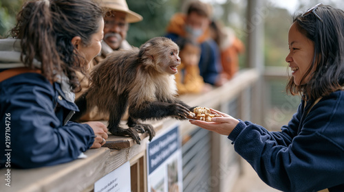 A zookeeper feeds enrichment treats to a capuchin monkey on world monkey day at a conservation facility, the primate balanced cleverly on a wooden platform while visitors observe,