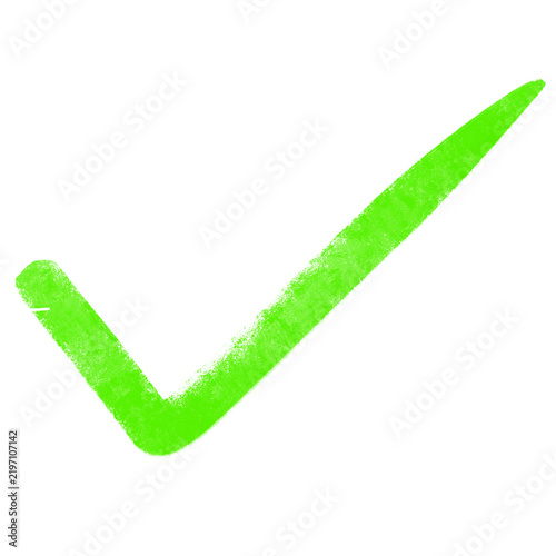 Hand-drawn green check mark symbol, chalk texture, isolated on transparent background.