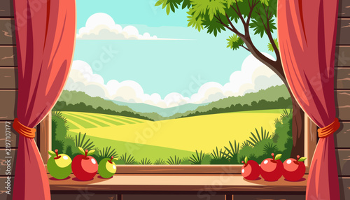 Open window with apple orchard and green countryside view  