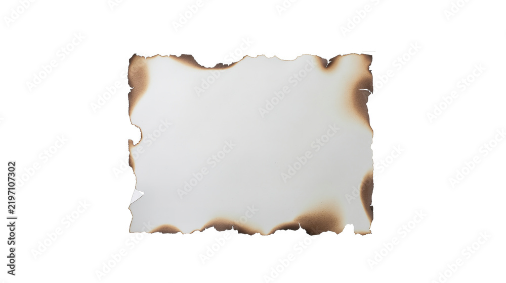 Fototapeta premium Vintage rectangular parchment sheet with burnt edges isolated on white background