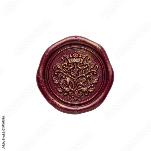 Dark Red Wax Seal Isolated Featuring a Gold Royal Crown Crest and Ornate Floral Flourishes for Vintage Invitations