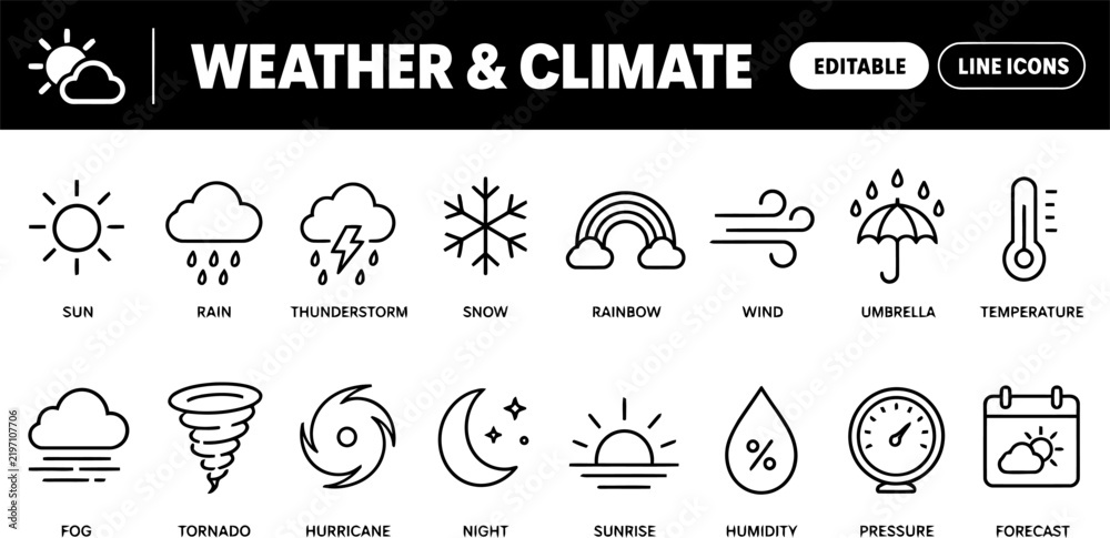 Obraz premium Weather forecast and climate line icons set vector
