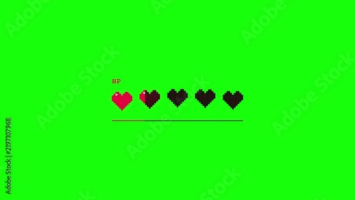 Pixel heart health bar decreasing animation on green screen