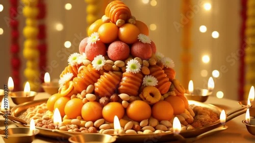 Govardhan Puja Annakut Offering: A Meticulously Arranged Mountain of Traditional Indian Sweets, Snacks, and Grains with Saffron Laddoos and Pistachios