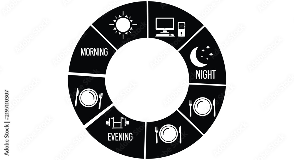 Obraz premium Daily routine pictogram with time segments and activity icons on a white background