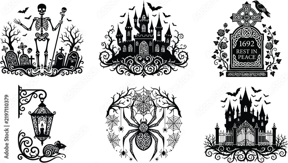 Fototapeta premium Halloween, silhouette, vector, set, spooky, skeleton, haunted, castle, tombstone, graveyard, lantern, spider, web, bat, raven, gothic, icon, design, dark, black