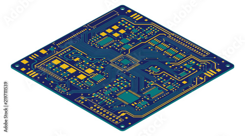 Картината върху платно Isometric Circuit Board with Complex Electronics Components, Technology Concept