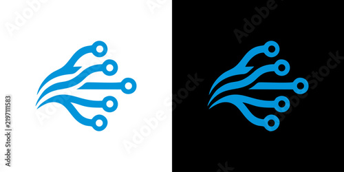 Blue tech wave circuit board logo design representing digital innovation, data networking, high speed connectivity and modern electronic system integration