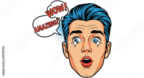 Surprised man s face with speech bubbles a pop art vector illustration