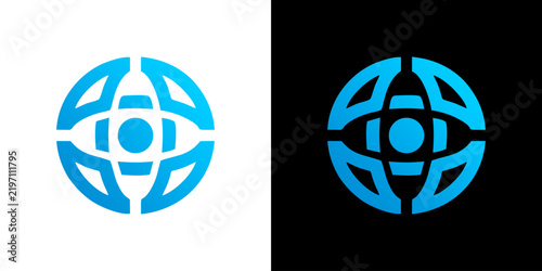 Modern abstract blue gradient globe logo featuring a central eye or target symbol. Represents global connectivity, digital network, security, and technology concepts