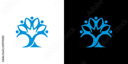 Blue Abstract Tree Logo Concept Composed of Stylized Human Figures Representing Community Unity and Growth for Corporate Branding