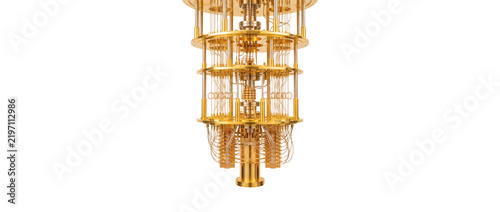 Golden quantum computer chandelier cryostat on transparent background, cylindrical dilution refrigerator processor with intricate copper piping stages. Advanced system delivers calculations.