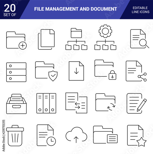 File management and document line icons set editable stroke
