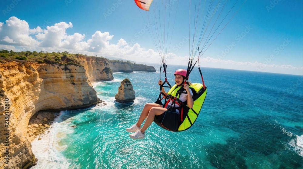 Obraz premium Happy young woman paragliding high above turquoise ocean, limestone cliffs. Extreme sport enthusiast flies with colorful wing over tropical coast. Thrilling aerial adventure experience with beautiful