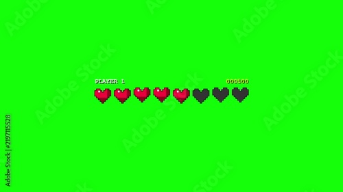 Retro pixel art game health bar hearts on green screen